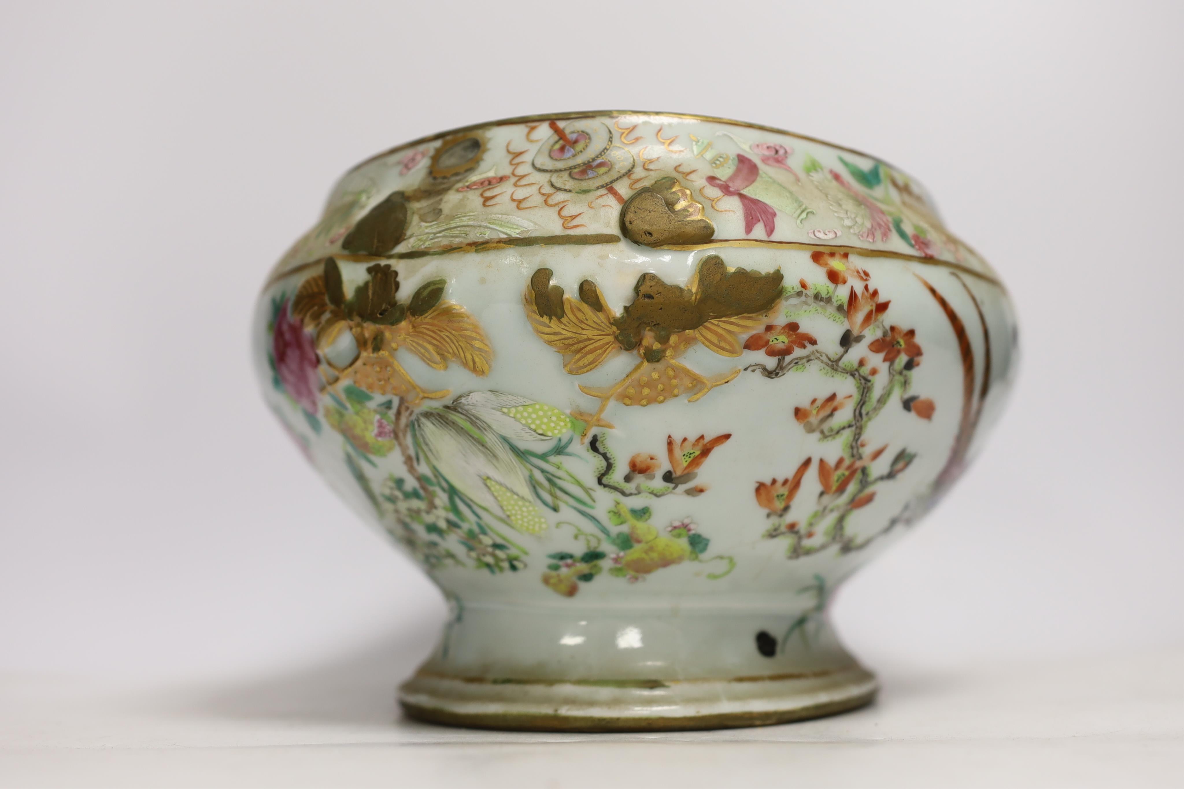 A 19th century Chinese famille rose tureen (lacking cover), a bronze mirror, a brush pot, a crackle glazed teabowl and a pair of Japanese yellow glazed satsuma jars and covers, tallest 18cm (6)